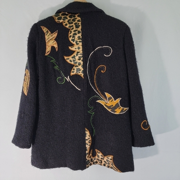 Alex Kim Black/Gold Boucle Jacket Sz M Embroidery Patches Button-Up Lined Pocket - Picture 2 of 12